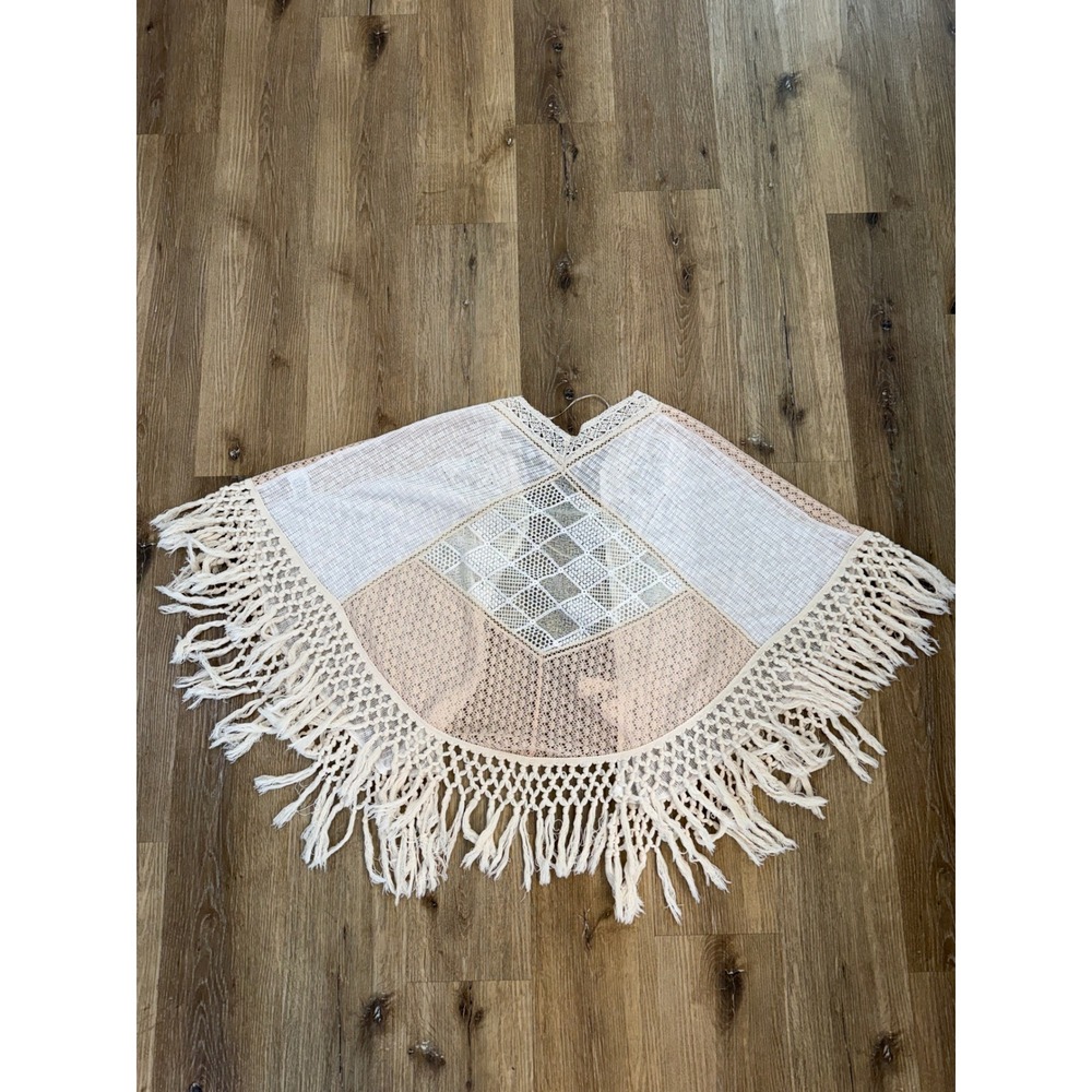 Miss Me Boho Crochet Fringe Lace Poncho Women L Cream Peach Tassels Western - Picture 7 of 7